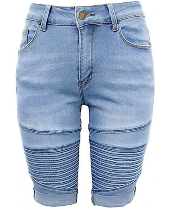 Womens Knee Length Curvy Bermuda Stretch Folded Hem Short Jeans Middle Rise Elastic Denim Shorts at Women’s Clothing store