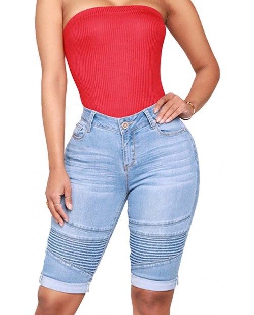 Womens Knee Length Curvy Bermuda Stretch Folded Hem Short Jeans Middle Rise Elastic Denim Shorts at  Women’s Clothing store
