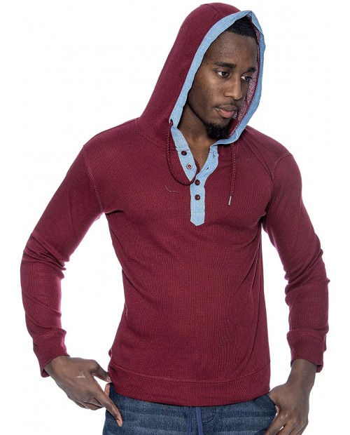 9 Crowns Men's Lightweight Hooded Henley Long Sleeve Shirt-Burgundy-Small at Men’s Clothing store
