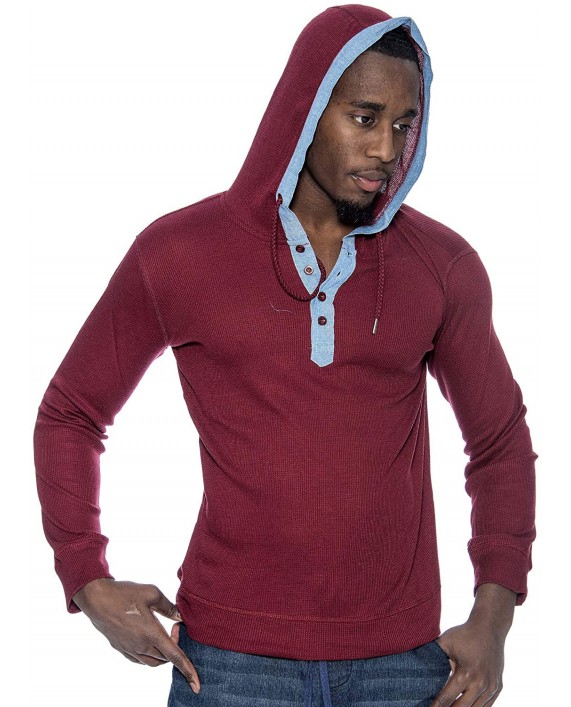 9 Crowns Men's Lightweight Hooded Henley Long Sleeve Shirt-Burgundy-Small at Men’s Clothing store