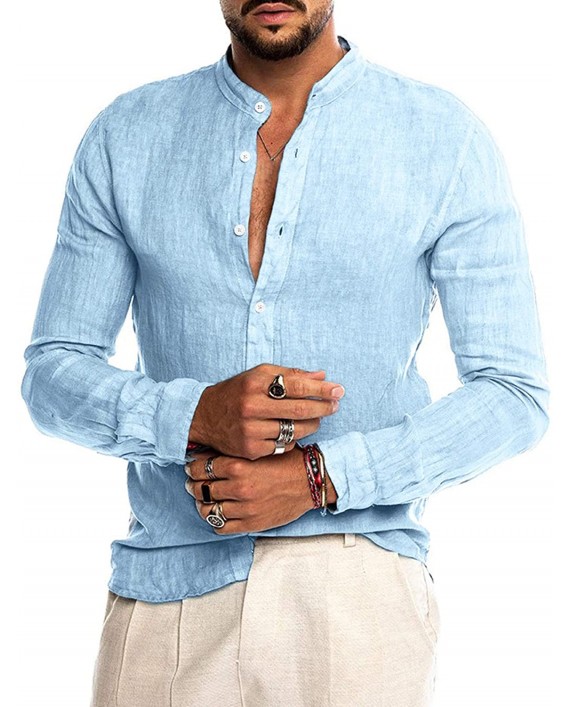 AUDATE Men's Cotton Shirt Long Sleeve Button Down Shirts Casual Banded Collar Henley Shirt at Men’s Clothing store