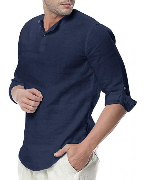 Enjoybuy Mens 3 4 Sleeve Henley Shirt Casual Linen Cotton Summer Loose Fit Beach Shirts at  Men’s Clothing store