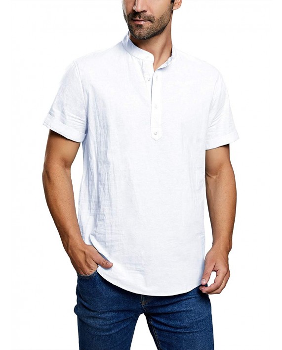 Enjoybuy Mens Henley Linen Shirts Short Sleeve Banded Collar Hidden Buttons Plain Summer T-Shirt Top at Men’s Clothing store