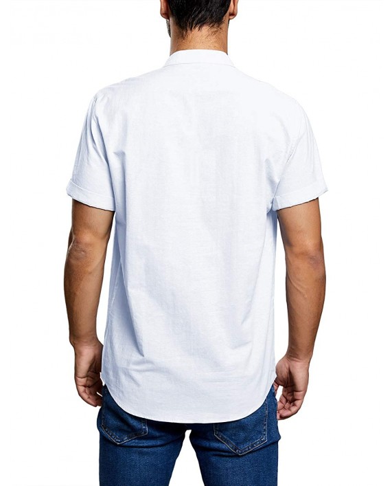 Enjoybuy Mens Henley Linen Shirts Short Sleeve Banded Collar Hidden Buttons Plain Summer T-Shirt Top at Men’s Clothing store