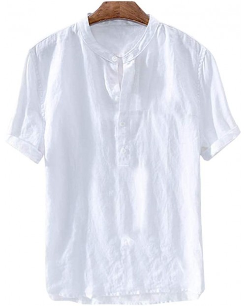 Enjoybuy Mens Henley Linen Shirts Short Sleeve Banded Collar Hidden Buttons Plain Summer T-Shirt Top at  Men’s Clothing store
