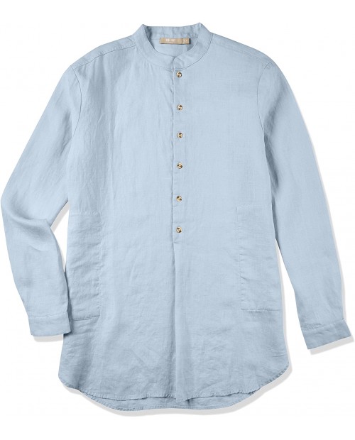 Isle Bay Linens Men's 100% Linen Long Sleeve Henley Mandarin Collar Shirt