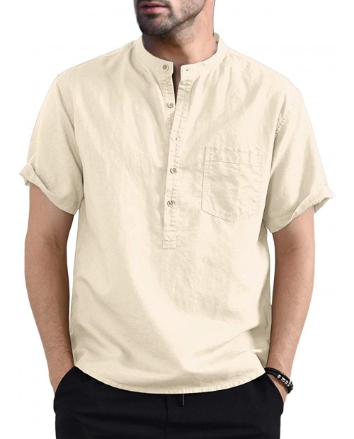 Karlywindow Men's Cotton Linen Henley Shirt Short Sleeve Hippie Casual Comfort Beach Yoga T Shirts Beige at Men’s Clothing store