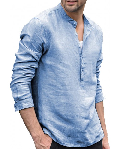 LecGee Men's Cotton Linen Henley Shirt Long Sleeve Casual T-Shirt Yoga Tops