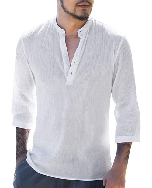 Makkrom Mens Linen 3 4 Sleeve Henley Shirts Cotton Loose Casual Summer Beach T Shirt Tops at  Men’s Clothing store