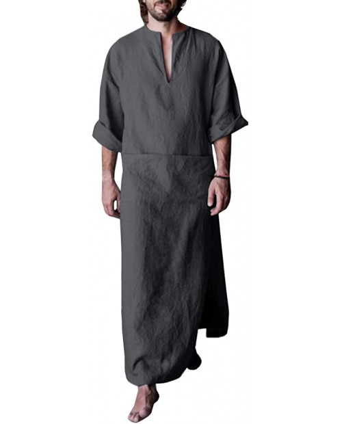 Makkrom Men's V-Neck Long Sleeve Robe Side Split Kaftan Long Gown Thobe for Beach Summer at  Men’s Clothing store