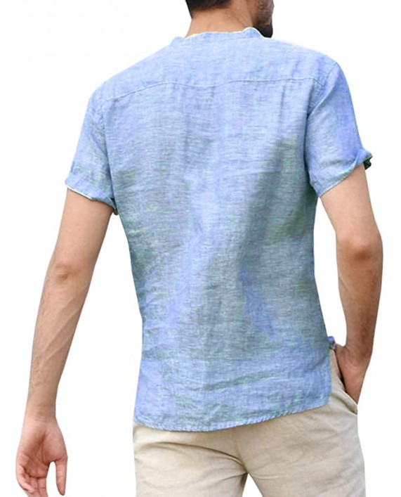 Mens Casual Henley T Shirts Linen Cotton Short Sleeve Button Up Banded Collar Beach Tops with Pocket at Men’s Clothing store
