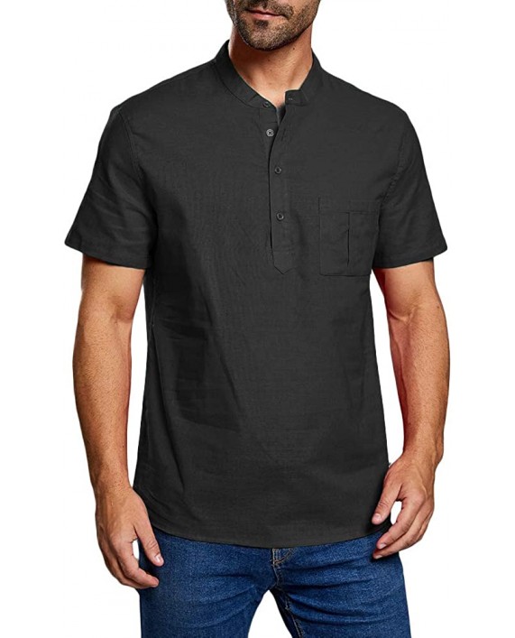 Men's Henley Pocket Shirt Linen Cotton Short Sleeve Lightweight Beach Tops Loose Fit Tees Black at Men’s Clothing store