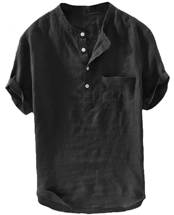 Men's Henley Pocket Shirt Linen Cotton Short Sleeve Lightweight Beach Tops Loose Fit Tees Black at Men’s Clothing store