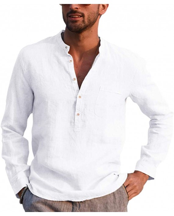 Mens Long Sleeve Linen Cotton Henley Shirts Casual Regular Fit Basic Yoga Top Beach Shirt at Men’s Clothing store