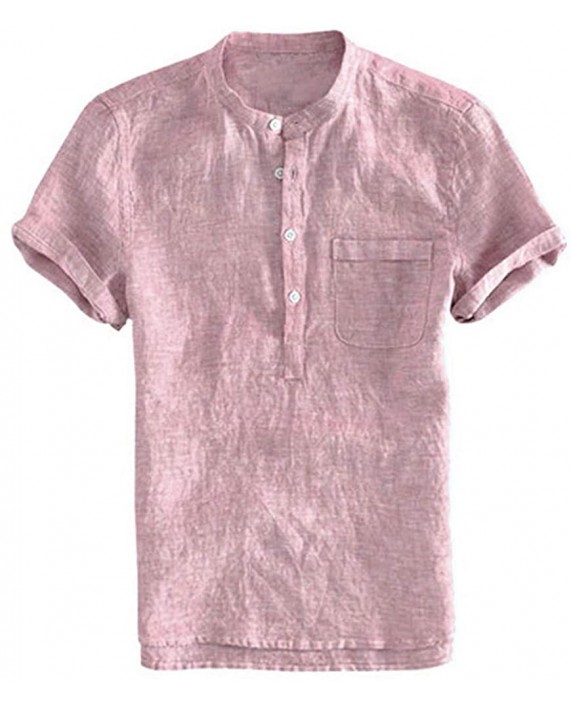 Mens Short Sleeve Linen Henley Shirt Summer Casual Banded Collar Beach T Shirts Lightweight Plain Tops Pink at Men’s Clothing store