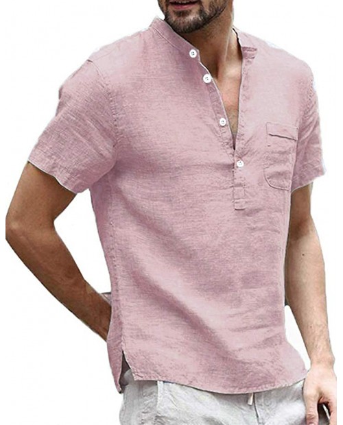 Mens Short Sleeve Linen Henley Shirt Summer Casual Banded Collar Beach T Shirts Lightweight Plain Tops Pink at  Men’s Clothing store