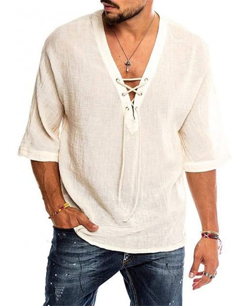 Mens V Neck Cotton Linen Henley Shirts 3 4 Sleeve Banded Collar T-Shirt Loose Fit Summer Beach Tops at  Men’s Clothing store