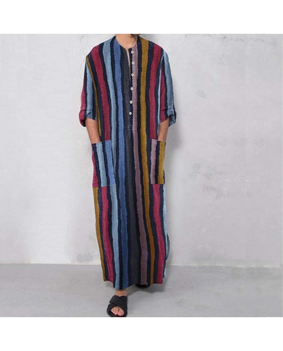 mlpeerw Muslim Dresses for Men Long Sleeve Striped Henleys Shirt Kaftan Thobe Robe Gown Muslim Clothing at Men’s Clothing store