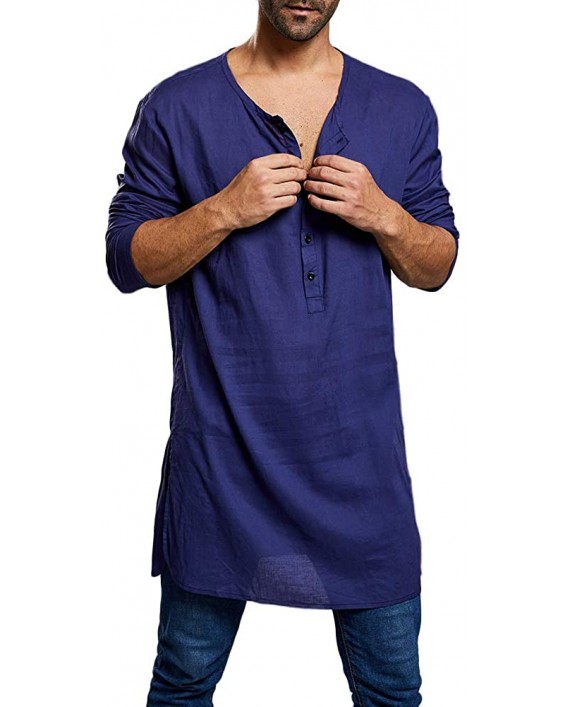 Taoliyuan Mens Kaftan Henley Shirts Tunic Longline Loose Fit Long Sleeve Light Kurta Pajama Sleepshirts at Men’s Clothing store