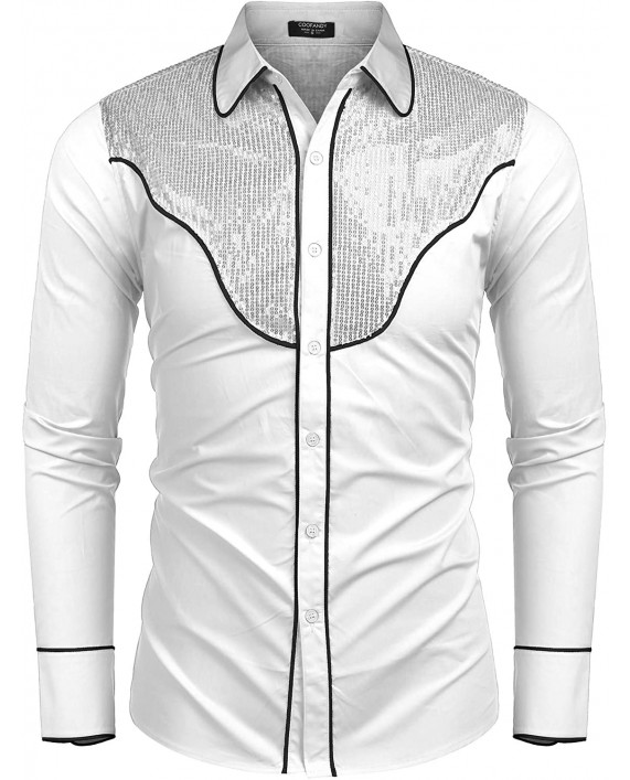 COOFANDY Men's Sequin Embroidered Western Shirts Long Sleeve Slim Fit Casual Button Down Party Shirt