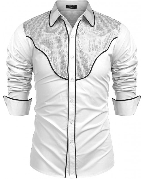COOFANDY Men's Sequin Embroidered Western Shirts Long Sleeve Slim Fit Casual Button Down Party Shirt