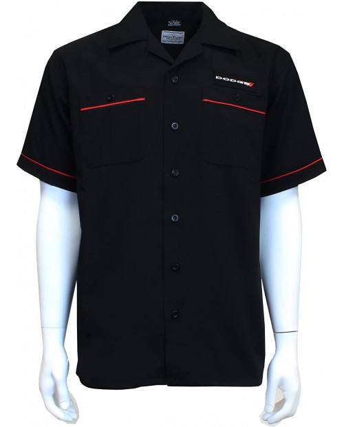 David Carey Dodge Work Shirt – Black & Red – Button Up Collared Short Sleeve Mechanic Camp Shirt with Logo Patch at  Men’s Clothing store