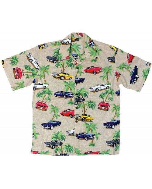 David Carey Ford Mustang Hawaiian Camp Shirt – Retro Inspired Button Up Collared Short Sleeve Beige Club Shirt