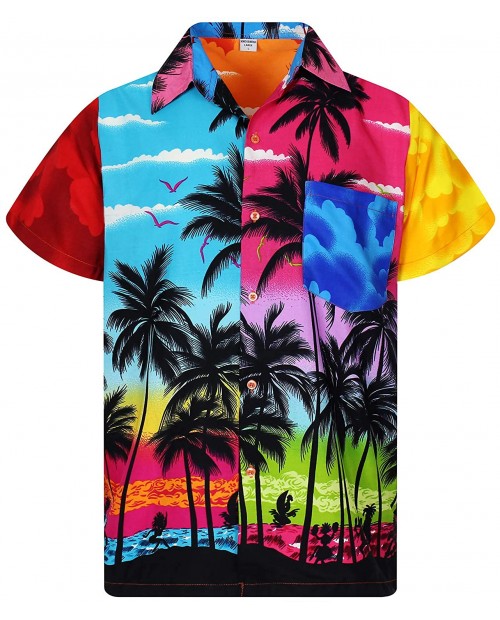 Funky Hawaiian Shirt for Men Short-Sleeve Front-Pocket Hawaiian-Print Every Shirt is a Unique Mix Beachdesigns at  Men’s Clothing store