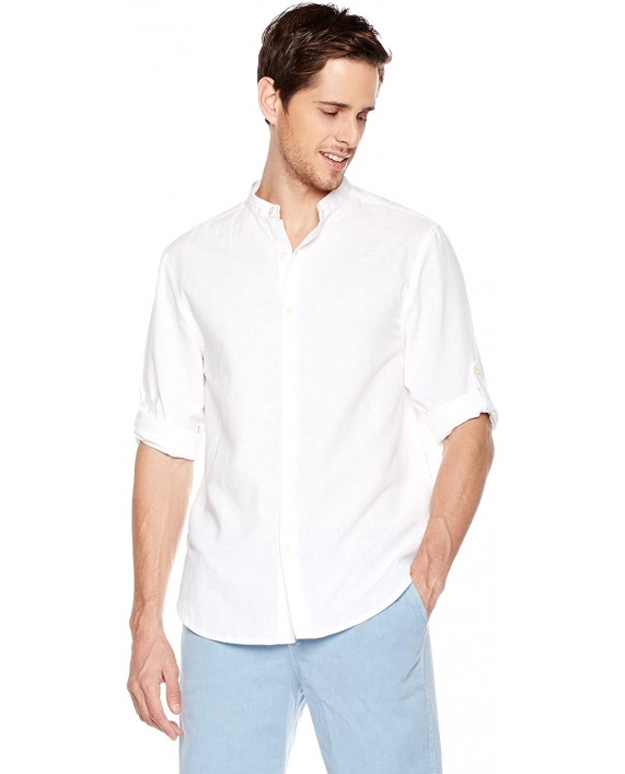 Isle Bay Linens Men's Linen Cotton Blend Roll-up Long Sleeve Band Collar Woven Shirt