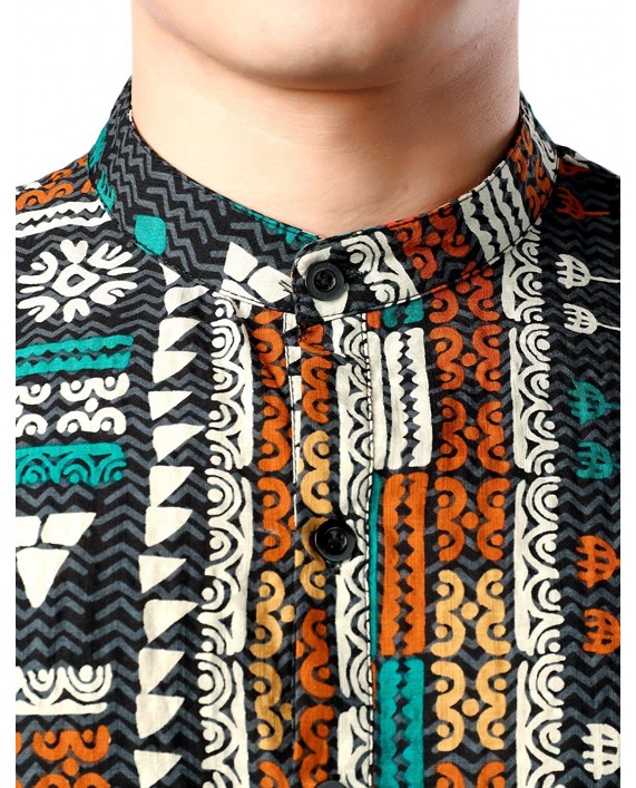 JOGAL Men's African Dashiki Print Long Sleeve Casual Button Down Mandarin Collar Shirts