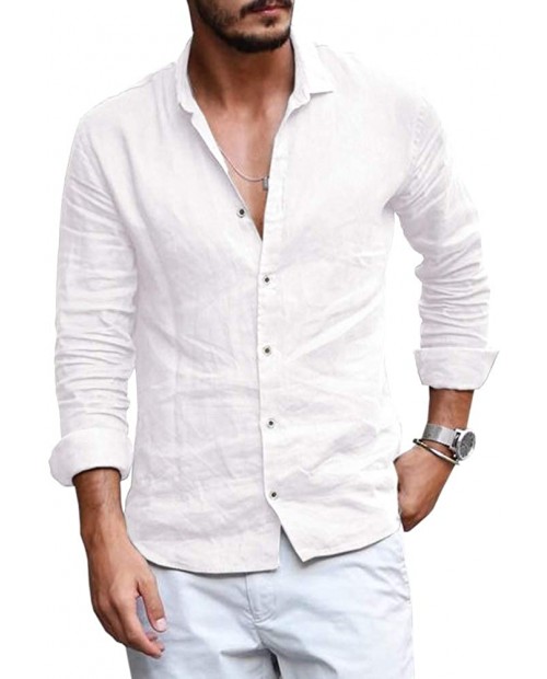 Mens Button Down Shirt Linen Cotton Shirts Casual Long Sleeve Spread Collar Lightweight Beach Plain Tops at  Men’s Clothing store