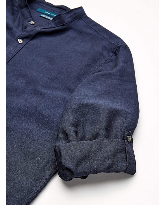 Perry Ellis Men's Standard Slim Fit Linen Cotton Rolled Sleeve Banded Collar Shirt