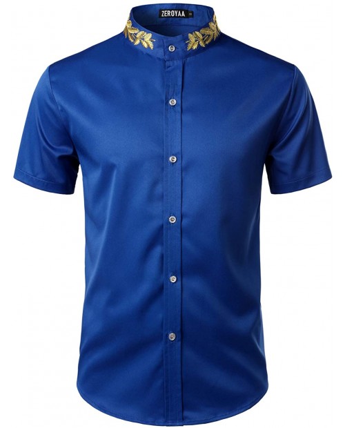 ZEROYAA Mens Hipster Gold Embroidery Mandarin Collar Slim Fit Short Sleeve Casual Dress Shirts at  Men’s Clothing store