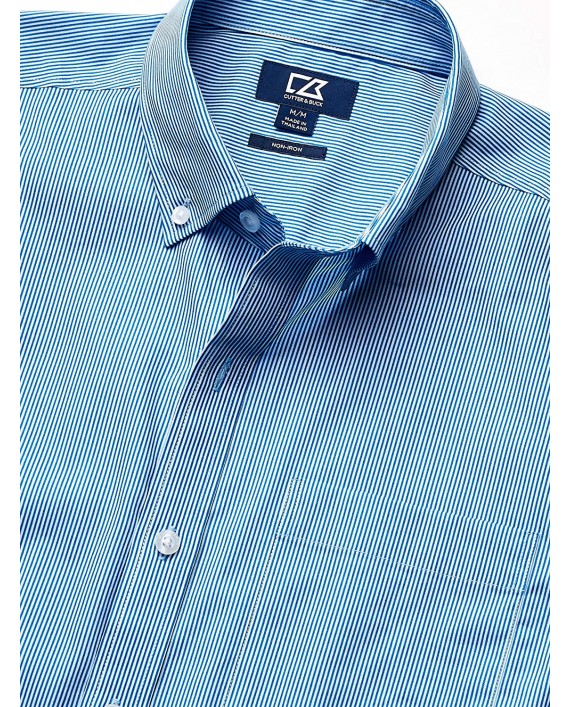 Cutter & Buck Men's Short Sleeve Strive Rail Stripe Button Up Shirt at Men’s Clothing store