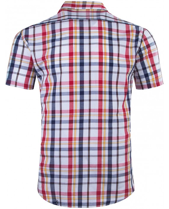 Men Plaid Cotton Casual Short Sleeve Button Down Dress Shirts Beige at Men’s Clothing store