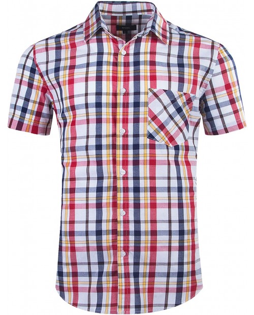 Men Plaid Cotton Casual Short Sleeve Button Down Dress Shirts Beige at  Men’s Clothing store