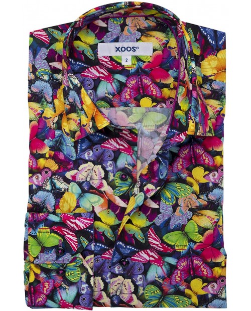 Xoos Paris - Men Fitted Printed Shirt Long Sleeves French Collar - Multicolors Butterflies at Men’s Clothing store