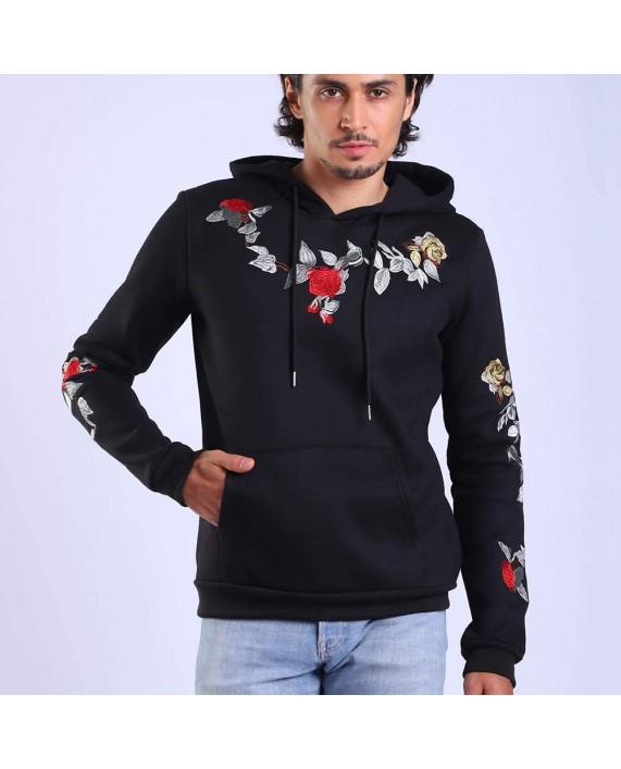 Men Sweatshirt Floral Branch Flower Rose Embroidered Funny Hoodie Pullover with Pockets at Men’s Clothing store