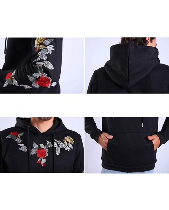 Men Sweatshirt Floral Branch Flower Rose Embroidered Funny Hoodie Pullover with Pockets at Men’s Clothing store