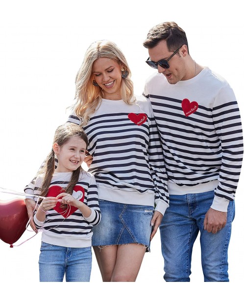PopReal Family Matching Outfits Stripe Long Sleeve Sweatshirt Heart Pattern Mommy and Me Outfits Casual Pullover